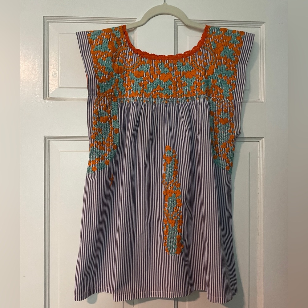Mi Golondrina Striped Blouse with Orange Embroidery